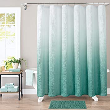 JSLOVE Ombre Textured Shower Curtain Set Includes Bath Mat for Bathroom 72 x 72 inch Fabric Waterproof Bath Shower Curtain with 12 Hooks (Green)