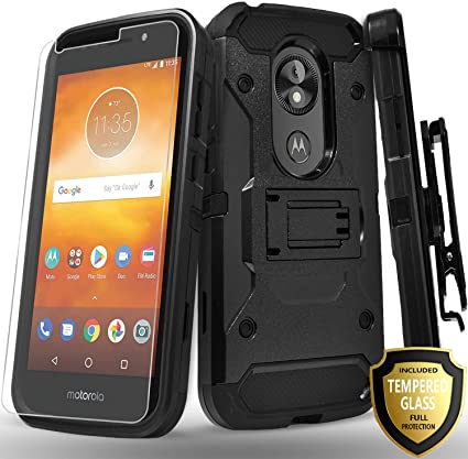 Moto E5 Play Case, Moto E5 Go Case, Motorola Moto E5 Cruise Case, with [Tempered Glass Screen Protector] Full Cover Heavy Duty Dual Layers Phone Cover with Kickstand and Locking Belt Clip-Black