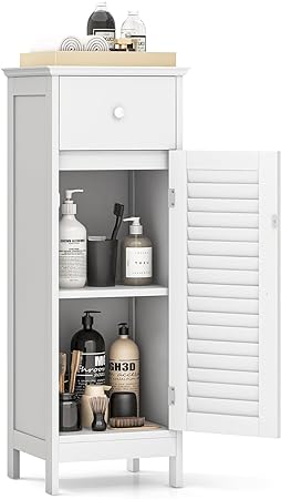 COSTWAY Bathroom Storage Cabinet, Single Door Slim Storage Organizer w/Drawer & Adjustable Shelf, Freestanding Narrow Floor Cabinet for Bedroom Living Room Entryway Hallyway (White)