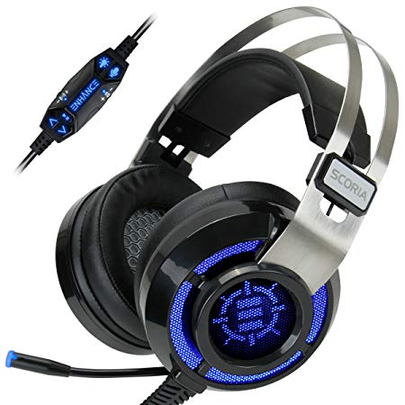 ENHANCE Computer Gaming Headset by SCORIA USB PC Gaming Headset with 7.1 Surround Sound, Bass Vibration, Adjustable LED Lighting, Volume Control and Retractable Microphone - TeamSpeak Certified