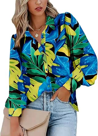 Zeagoo Womens Shirts Button Down Printed Lantern Long Sleeve Blouse Fashion Casual Tops 2024