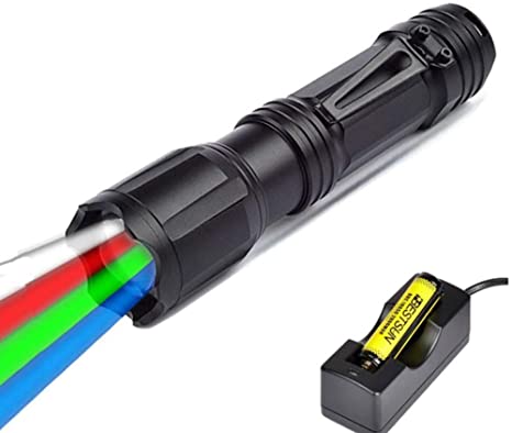 Multicolor Red Green Blue White Hunting Light Zoomable Handheld Tactical Flashlight 4 Color in 1 Multifunctional High Power RGBW LED Flashlights for Night Vision Fishing Astronomy (Battery Included)