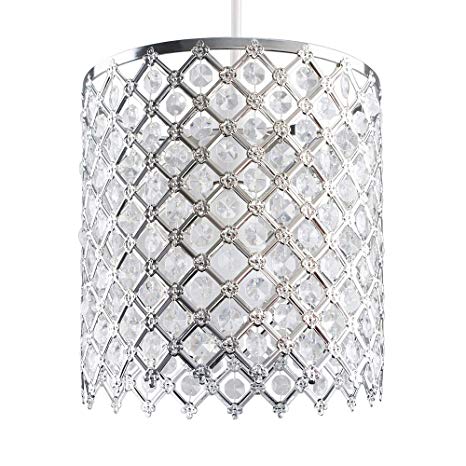 Modern Silver Chrome Clear Acrylic Crystal Jewel Design Tall Drum Ceiling Pendant Light Shade