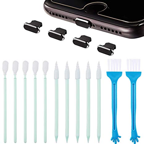 Tatuo Metal Anti Dust Plugs Compatible with iPhone 5/6/ 7/8/ X/XS, Included Phone Port Cleaning Brush Kit, Cell Phone Speaker Cleaning Brushes and Phone Receiver Cleaning Brush Set (16 Pieces)