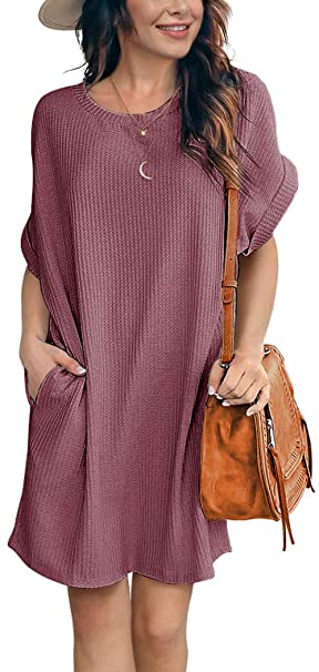 IWOLLENCE Women Waffle Knit Tunic Dress Casual Summer Short Sleeve Loose Dresses Cover Up Beach Dresses with Pocket