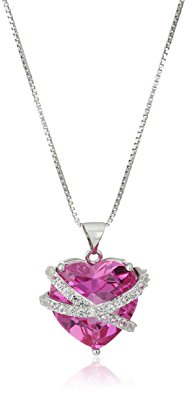 Sterling Silver Created Gemstone and Created White Sapphire Wrapped Heart Pendant Necklace, 18"