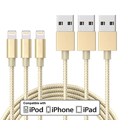 iPhone Cable,JUGGLO Lightning Cable 3Pack 10FT Nylon Braided Cord to USB Charging Charger for iPad,iPod Nano 7,iPhone 7/7 Plus,6/6 Plus/6S/6S Plus,SE/5S/5, (Gold&White,10FT)