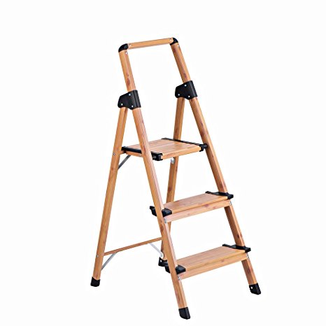 Delxo Ultra Lightweight Woodgrain Alumium 3 Step Ladder Ladder with Woodgrain Design Coordinates Well with Home Decorate Step Stool With Smooth Handgrip Anti-Slip Sturdy and Wide Pedal 330lbs 3-Feet