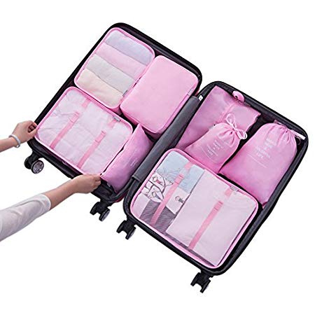 Belsmi 8 Set Packing Cubes - Waterproof Mesh Compression Travel Luggage Packing Organizer With Shoes Bag (Rose Pink)
