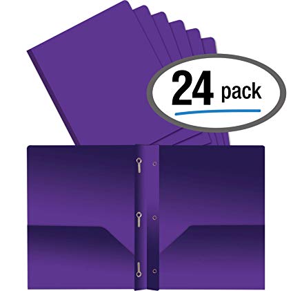 Better Office Products Purple Plastic 2 Pocket Folders with Prongs, Heavyweight, Letter Size Poly Folders, 24 Pack, with 3 Metal Prongs Fastener Clips, Purple