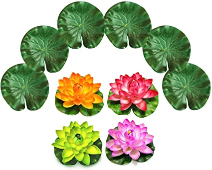 PIXHOTUL 10 Pcs Artificial Floating Pond Decoration Water Floating Lotus Flowers and Lotus Leaves for Pond Decor (7"/18cm B)