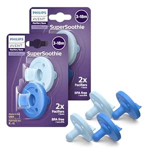 Philips Avent Soothie 0-3 Months Orthodontic Baby Pacifiers, 100% Silicone Pacifiers, One Piece, BPA-Free, 2 Sky Blue and 2 Light Blue, 4 Pack, Model SCF192/71