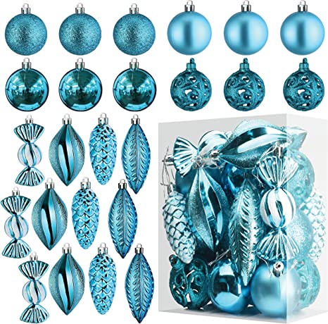 Acid Blue Christmas Ball Ornaments for Christmas Decorations Baubles-24 Pieces Xmas Tree Shatterproof Ornaments with Hanging Loop for Holiday and Party Decoration (Combo Of 8 Ball and Shaped Styles)