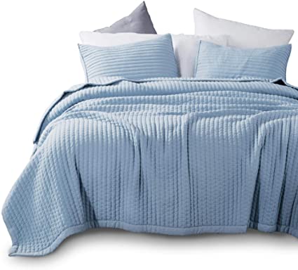 KASENTEX Quilt Mini Set-Stone Washed-Super Soft Bedspread-Light Weight-Hypoallergenic-White Down Alternative Microfiber Fill-Machine Washable-Solid Colors, Full/Queen   2 Shams, Blue