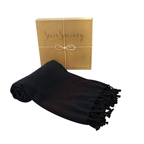 Sun Society Tribe Black Premium Turkish Towel, Peshtemal. Comes in Gift Box, 100% Cotton