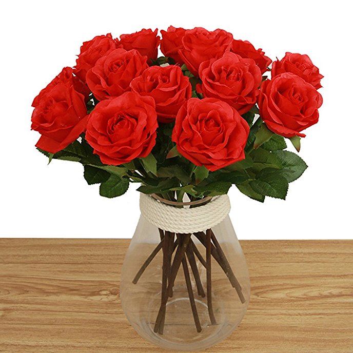 Toechmo High Quality Artificial Flowers, Real Touch Flowers Silk Artificial Rose Flowers Home decorations for Bridal Wedding Bouquet, Birthday Flowers Bunch Hotel Party Garden Floral Decor (Red)