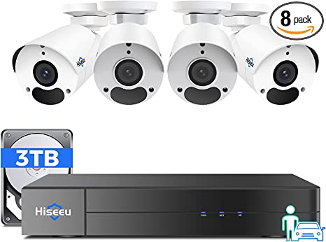 [121°View Angle  Vehicle Detect] Hiseeu 4K Security Camera System, PoE Security Camera System w/4pcs PoE Cameras, H.265 , WDR, 1-Way Audio, IP67 Waterproof,Free Remote Access, 3TB HDD for 7/24 Record