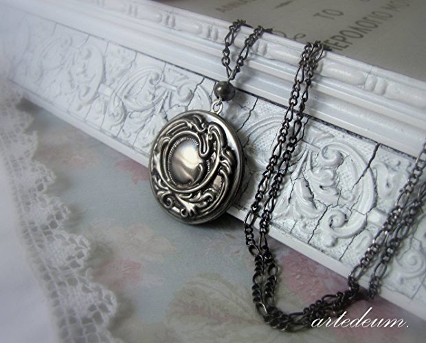 Locket Necklace in antique silver with oxidized black chain round carved vintage Goth style
