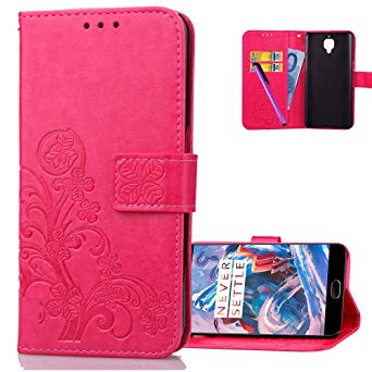 HMTECHUS OnePlus 3 case 3T case Embossed Floral Card Slots Magnetic Flip Stand Shockproof PU Leather Wallet Slim Protect Cover for OnePlus 3 / OnePlus 3T Lucky Clover:Rose XD