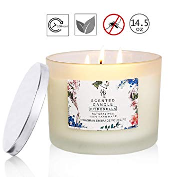 XYUT Citronella Candle Outdoor Indoor Aromatherapy Stress Relief Pure Soy Wax 3-Wick Scented Candles 80 Hour Burn Highly Scented Long Lasting (14.5 Ounce, Glass)