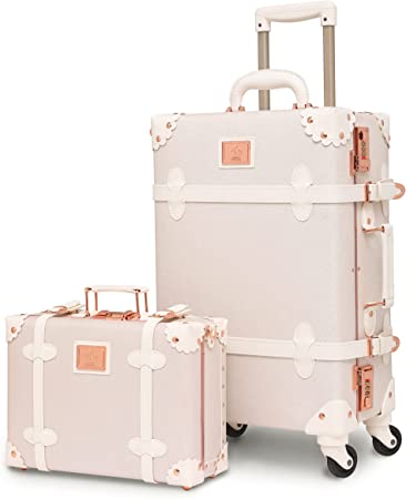 urecity Designer Vintage Trunk Combination Luggage Sets of 2 Piece, Hard Shell Retro Travel Suitcase with Wheels, Rose White, 26" 12"