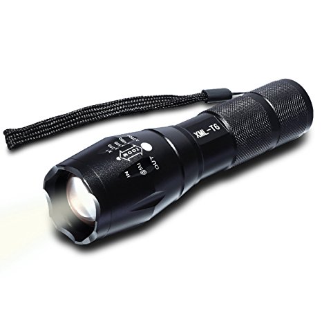 ATESSON Aluminum Handheld Tactical Flashlight IPX6 Waterproof Adjustable Focus Cree LED XML- T6 Flashlight Torch with Lanyard Rechargeable Batteries, Super Bright 900 Lumen, 5 Light Modes - Black