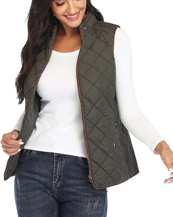 Dilgul Women Padded Vest Stand Collar Zip Up Trendy Puffer Lightweight Quilted Vest