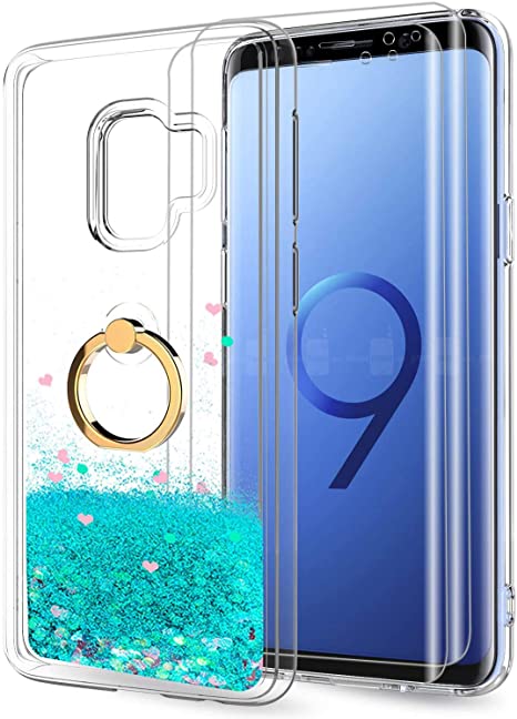 Samsung Galaxy S9 Case with 3D PET Screen Protector [2 Pack] for Girls Women, LeYi Cute Glitter Shiny Quicksand Clear Phone Case with Car Ring Holder Kickstand for Samsung S9 ZX Turquoise