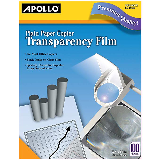 Apollo Transparency Film for Plain Paper Copier, Black on Clear Sheet, without Stripe, 100 Sheets/Pack (VPP100CE)