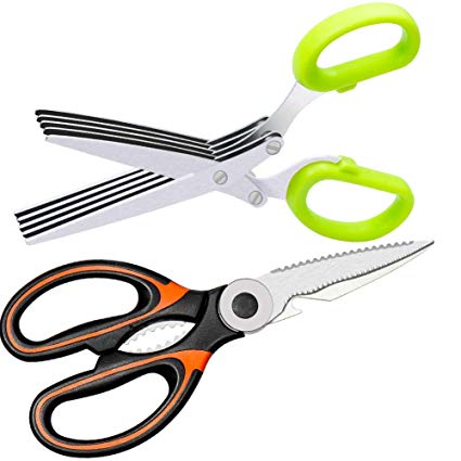 Kitchen Shears and Herb Scissors Set: Food Cooking Scissors Heavy Duty with Cover, 5-Blade Herb Cutter - Best for Cutting Meat, Poultry, Chicken, Salad, by Oojdzoo,Dishwasher Safe