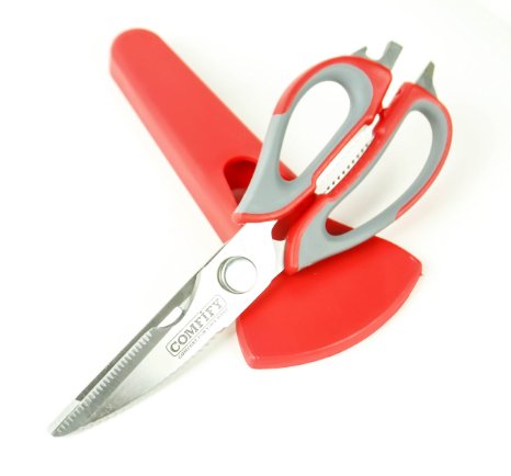 [Multi-purpose Come Apart Kitchen Scissors (Shears) with Magnetic Storage Case By Comfify - Burgundy Red & Grey Color