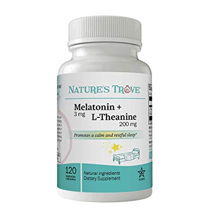 Melatonin 3mg   L Theanine 200mg – Sleep Aid Supplement – Promotes Deep Sleep – Promotes Stress Control and Relaxation – 120 Kosher Vegetarian Capsules by Natures Trove