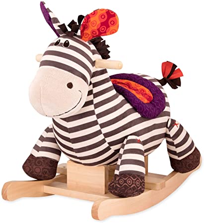 B. toys – Kazoo Wooden Rocking Zebra – Rodeo Rocker – Plush Ride On Zebra Rocking Horse for Toddlers and Babies 18m