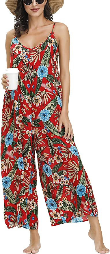 BUENOS NINOS Women's V Neck Floral Maxi Dress Boho Printed Adjustable Spaghetti Strap Ethnic Beach Long Dress with Pockets