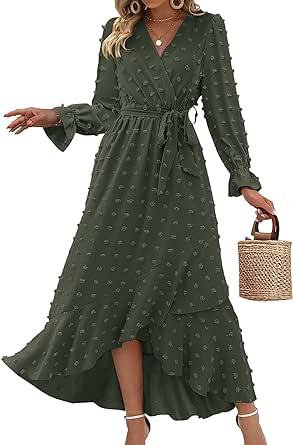 BTFBM Women's Boho Cocktail Maxi Dress 2024 Fall Fashion V Neck Swiss Dot Long Sleeve Flowy Slit Wedding Party Dresses