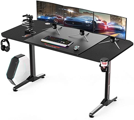 Vitesse Gaming Desk, Gaming Computer Desk, PC Gaming Table, T Shaped Racing Style Professional Gamer Game Station with Free Mouse pad, USB Gaming Handle Rack, Cup Holder and Headphone Hook (Black)