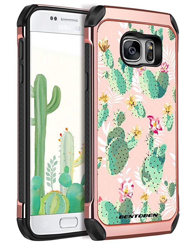 Galaxy S7 Case, Samsung S7 Case, BENTOBEN Cute Cactus Design 2 in 1 Dual Layer with Rose Faux Leather Hard Case Soft Bumper Protective Samsung Galaxy S7 Cover for Girl Women, Rose Gold/Green