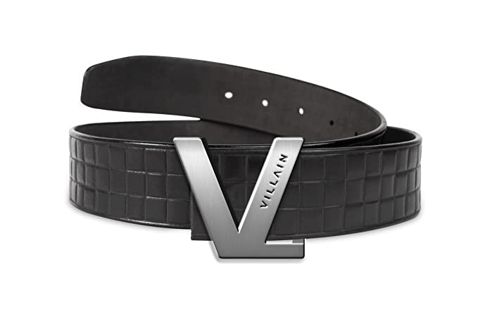 VILLAIN Genuine Black Leather Belt For Men | Uber- Stylish Belts for Casual & Formal Wear |Long-lasting & Strong for Everyday Wear | Comfortable Fit with Autolock Design | Unique Silver Metallic Buckle