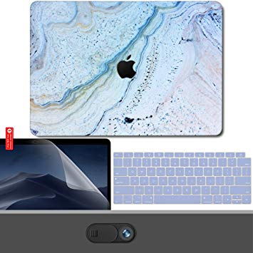 GMYLE MacBook Air 13 Inch Case 2018 Release A1932 Touch ID Retina Display Bundle, Logo Cut Out Hard Shell, Privacy Webcam Cover Slide, Screen Protector, Keyboard Cover Set - Blue Stone Marble