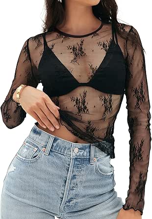 MEROKEETY 2024 Fall Womens Lace Sheer Mesh Long Sleeve Top Crewneck Sexy Y2k See Through Going Out Blouse Shirts