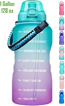 Giotto Large 1 Gallon Motivational Water Bottle with Paracord Handle & Removable Straw - Leakproof Tritan BPA Free Fitness Sports Water Jug with Time Marker to Ensure You Drink Enough Water Daily