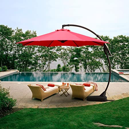 Grand patio Outdoor 11 FT Offset Umbrella with Base Included, Curved and Cantilevered, Aluminum (Brick Red