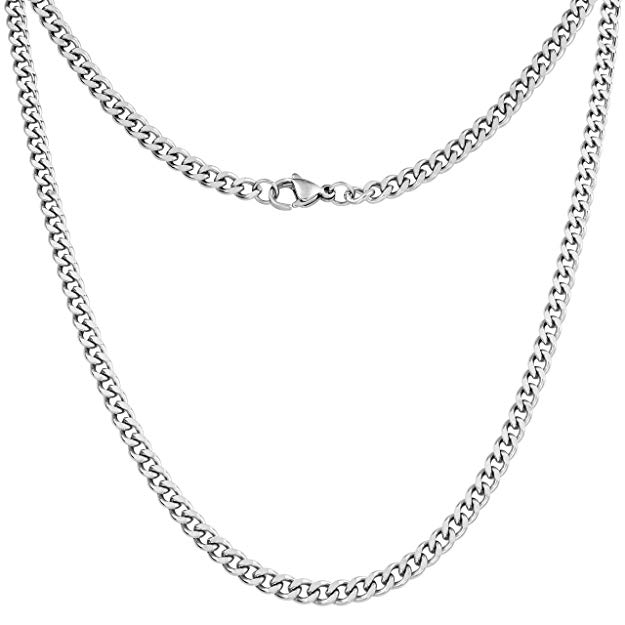 Silvadore - 4mm CURB Mens Necklace Chains - Silver Stainless Steel Jewelry - 14'' to 36'' Lengths