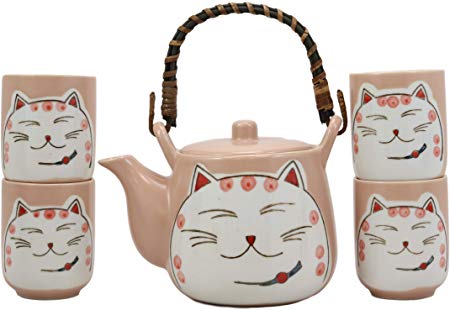 Ebros Gift Japanese Design Maneki Neko Lucky Beckoning Cat Matte Pink 20oz Ceramic Tea Pot and Cups With Strainer Set Service For 4 Excellent Home Decor Teapots Housewarming Birthday Feline Cats Gifts