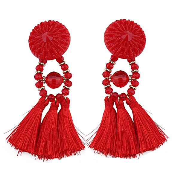 SaiDeng Women Vintage Statement Drop Long Earrings Bohemian Crystal Tassel Earrings