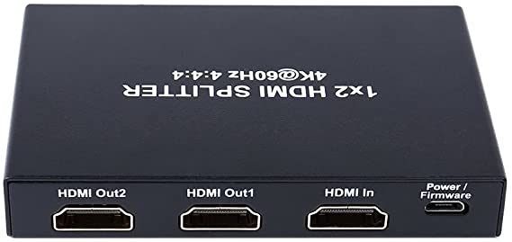 DTECH Powered 2 Port HDMI Splitter 1 in 2 Out HDMI 2.0 Splitter 4K 60Hz HDR HDCP 2.2 EDID 3D High Speed 18Gbps 2 Way HDMI Hub Box with Power Adapter for Duplicate Dual Monitor Sharing Screen UHD Video