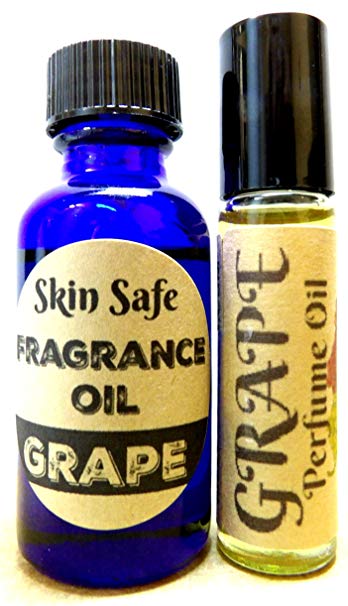COMBO GRAPE 1oz/29.5ml Blue Glass Bottle of skin safe fragrance / Perfume oil & 10 ML BOTTLE OF ROLL-ON PERFUME OIL