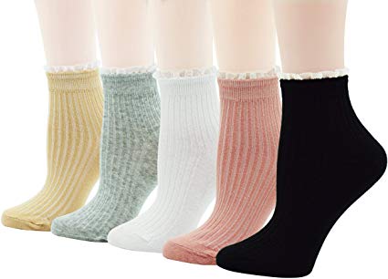 Fitu Women's Vintage Ruffle Frilly Cute Rayon Bamboo Boot Socks 5 Pairs Pack