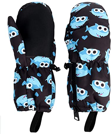 HIGHCAMP Kids Superstar Winter Mittens Waterproof Toddlers Easy On Zip Gloves (M (5-7Y), Shark)