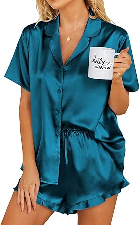 Ekouaer Womens Satin Pajamas Set Button Down 2 Piece Silk Pjs Shorts Set Ruffle Lingerie Notch Collar Sleepwear